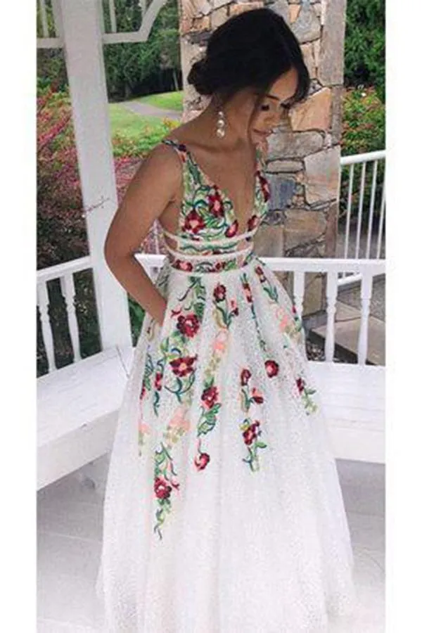 A Line Deep V Neck Backless Formal Party Prom Dress with Flowers Appliqued ER2111