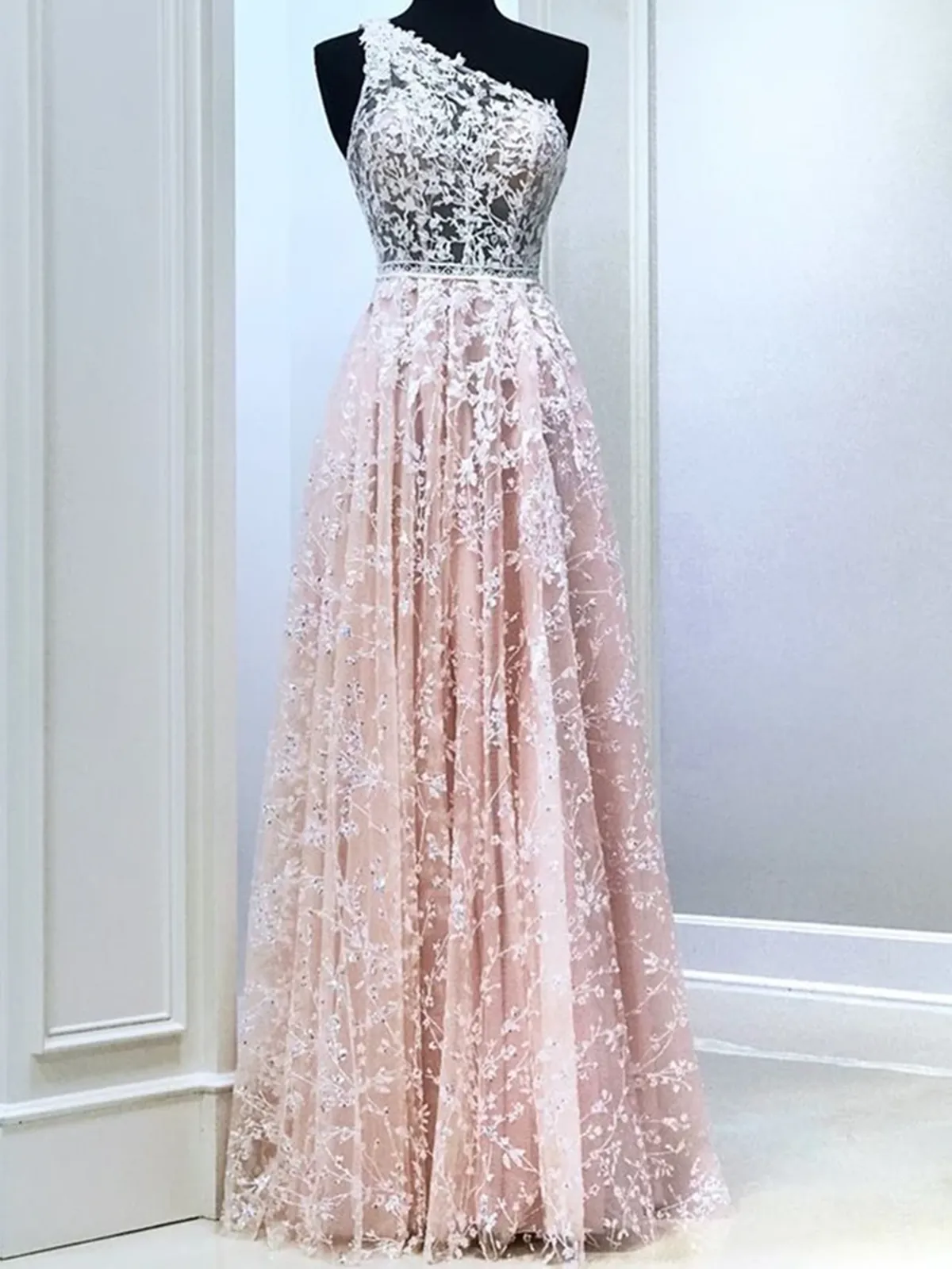 A Line One Shoulder Pink Lace Long Prom Dresses, Pink Lace Formal Evening Dresses