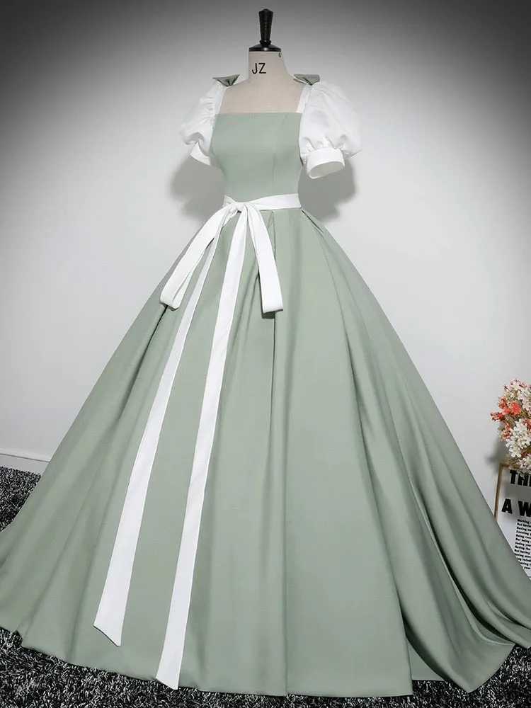 A-Line Puff Sleeves Satin Green Long Prom Dress, Green Long Formal Dress