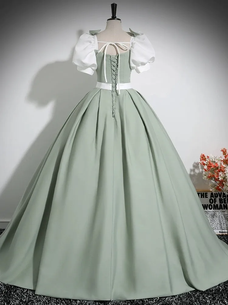 A-Line Puff Sleeves Satin Green Long Prom Dress, Green Long Formal Dress