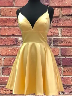 A Line V Neck Short Yellow Prom, Short V Neck Yellow Formal Homecoming