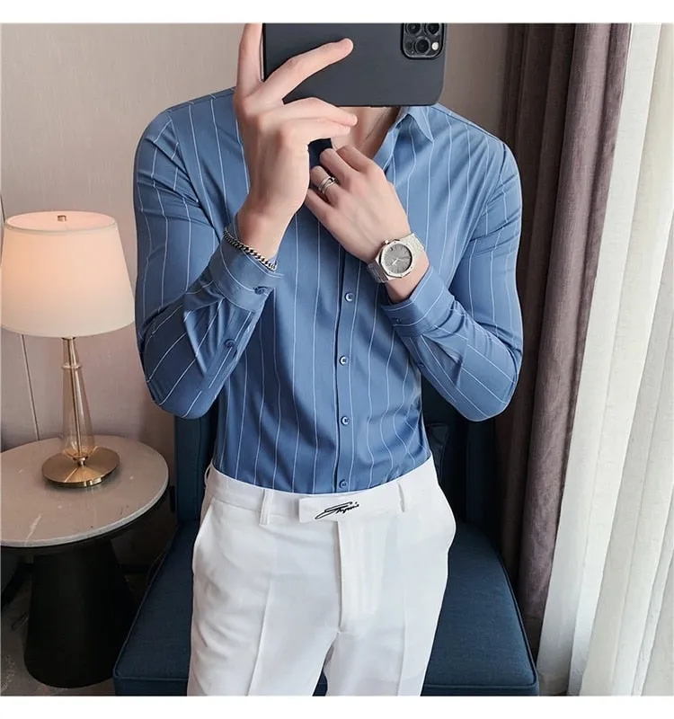 Autumn Winter Long Sleeve Striped Business Formal Slim Shirts for Men