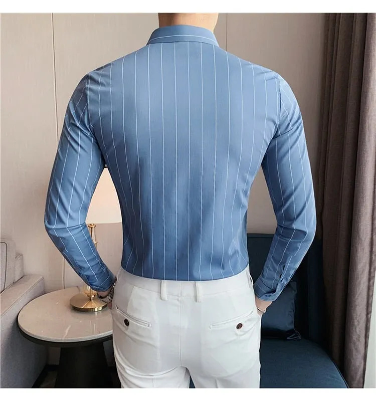 Autumn Winter Long Sleeve Striped Business Formal Slim Shirts for Men