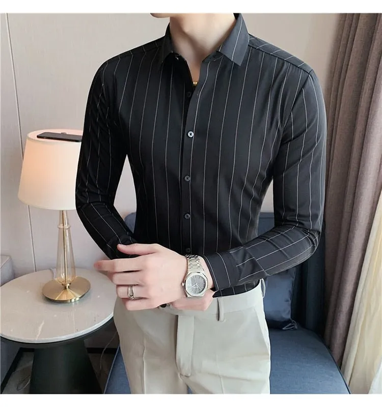 Autumn Winter Long Sleeve Striped Business Formal Slim Shirts for Men