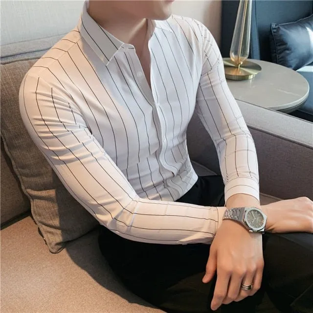 Autumn Winter Long Sleeve Striped Business Formal Slim Shirts for Men