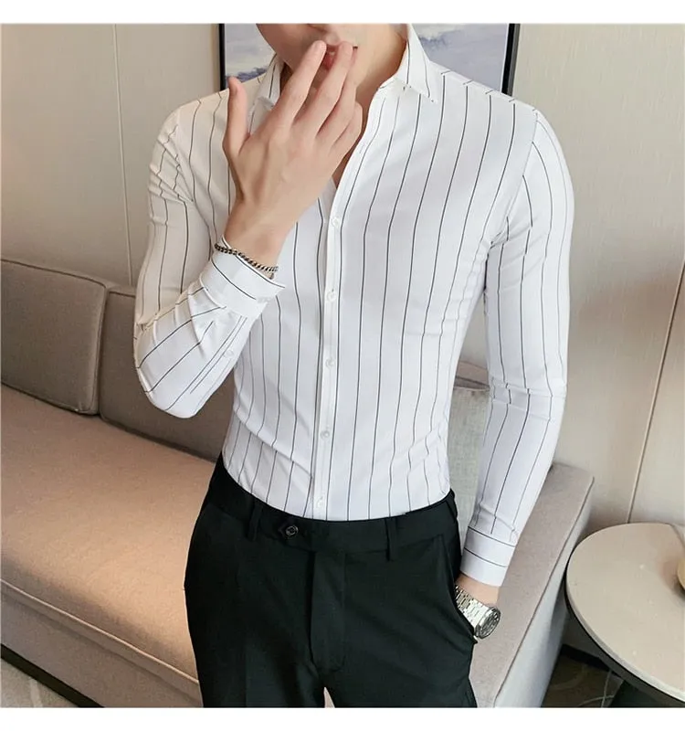 Autumn Winter Long Sleeve Striped Business Formal Slim Shirts for Men