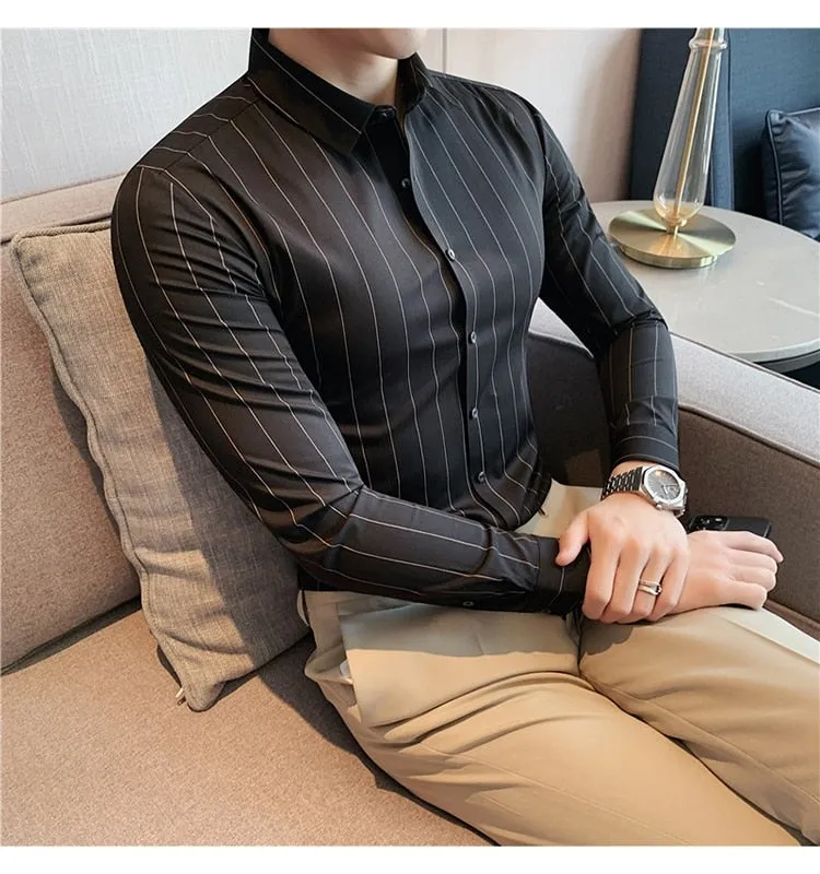 Autumn Winter Long Sleeve Striped Business Formal Slim Shirts for Men