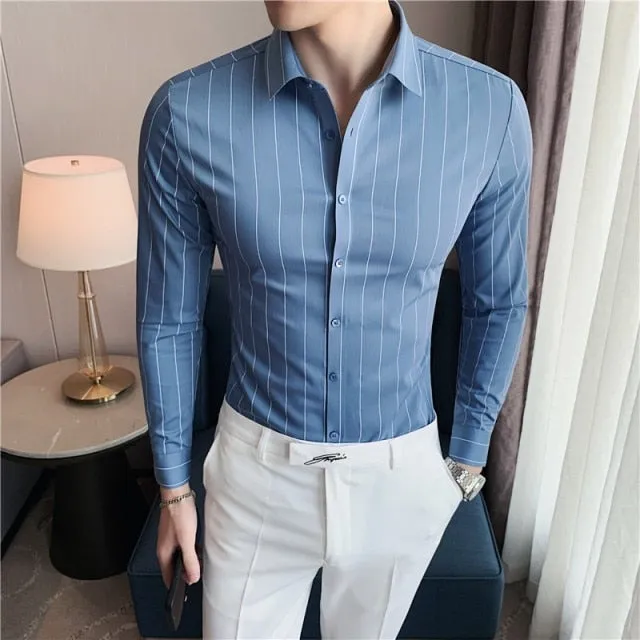 Autumn Winter Long Sleeve Striped Business Formal Slim Shirts for Men