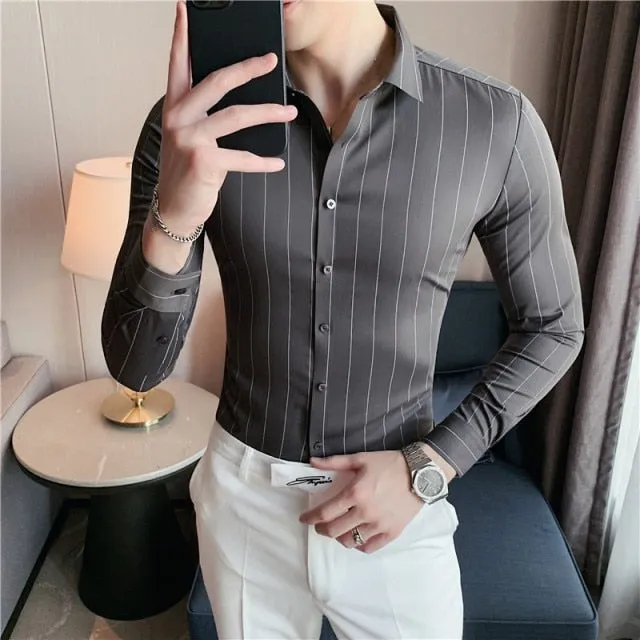 Autumn Winter Long Sleeve Striped Business Formal Slim Shirts for Men