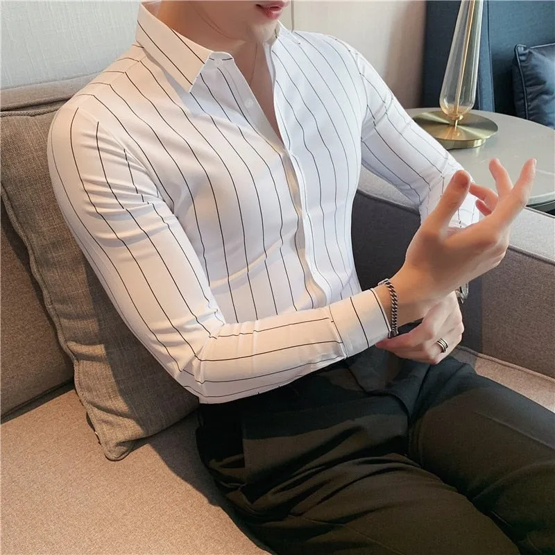 Autumn Winter Long Sleeve Striped Business Formal Slim Shirts for Men