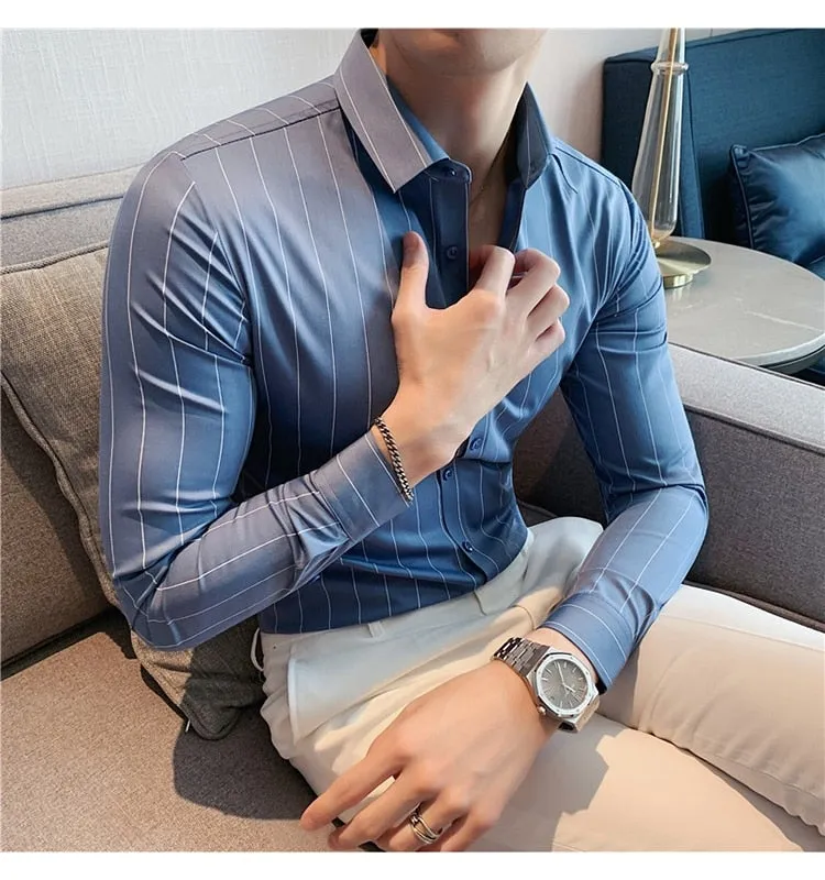 Autumn Winter Long Sleeve Striped Business Formal Slim Shirts for Men