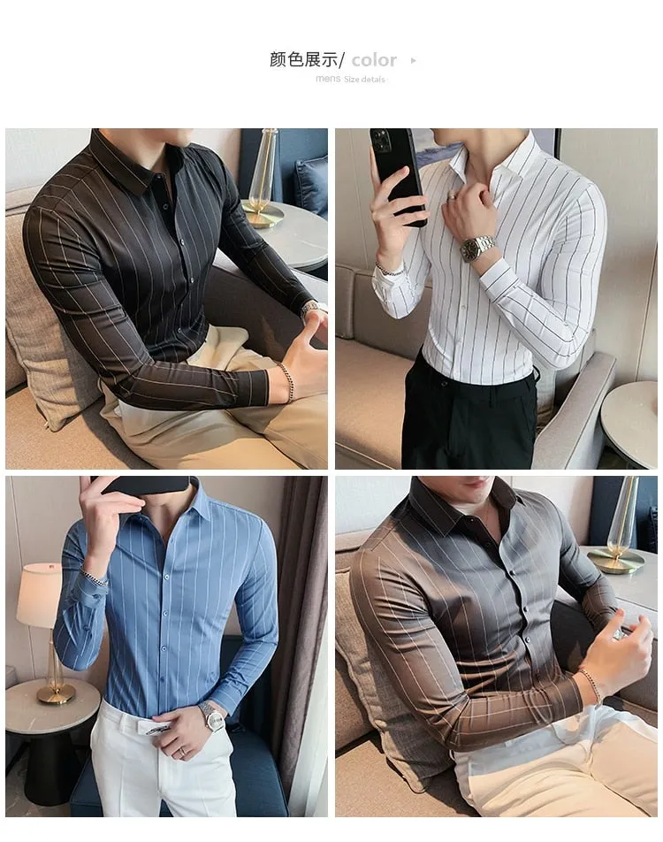 Autumn Winter Long Sleeve Striped Business Formal Slim Shirts for Men