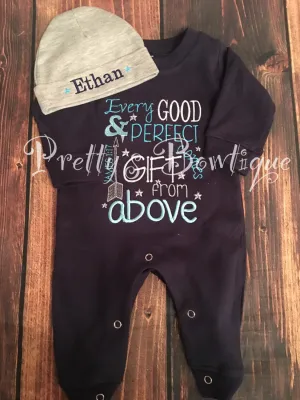 Baby Boy Coming Home Outfit -- Every good and perfect gift comes from above James 1:17 Romper & Hat with Embroidered Name