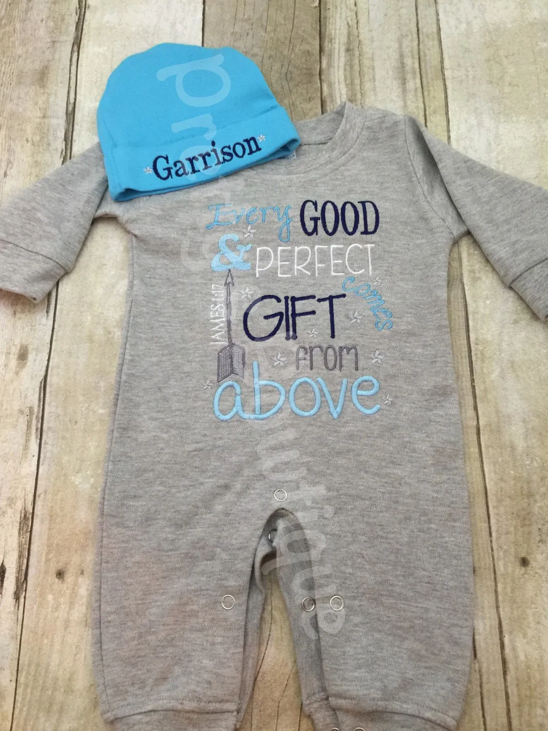 Baby Boy Coming Home Outfit -- Every good and perfect gift comes from above James 1:17 Romper & Hat with Embroidered Name