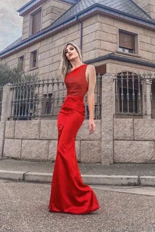 Bea-Brina Satin One Shoulder Red Formal Gowns (AF0165B)