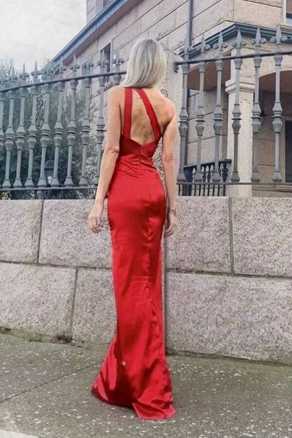 Bea-Brina Satin One Shoulder Red Formal Gowns (AF0165B)