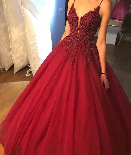 Beaded V Neck Burgundy Prom Dress with Lace Flowers, Burgundy Formal Gown