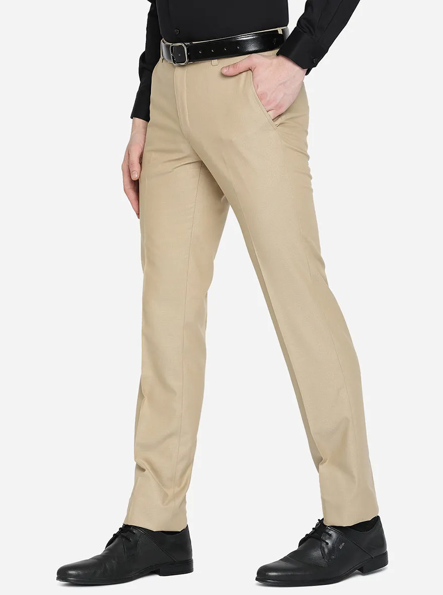 Beige Solid Slim Fit Formal Trouser | Metal