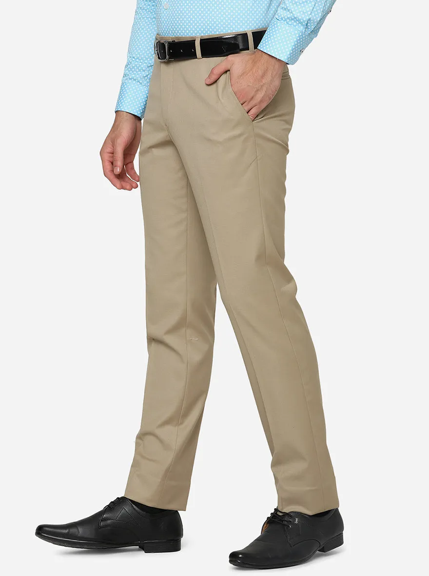 Beige Solid Slim Fit Formal Trouser | Metal