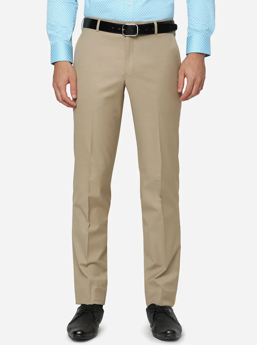 Beige Solid Slim Fit Formal Trouser | Metal