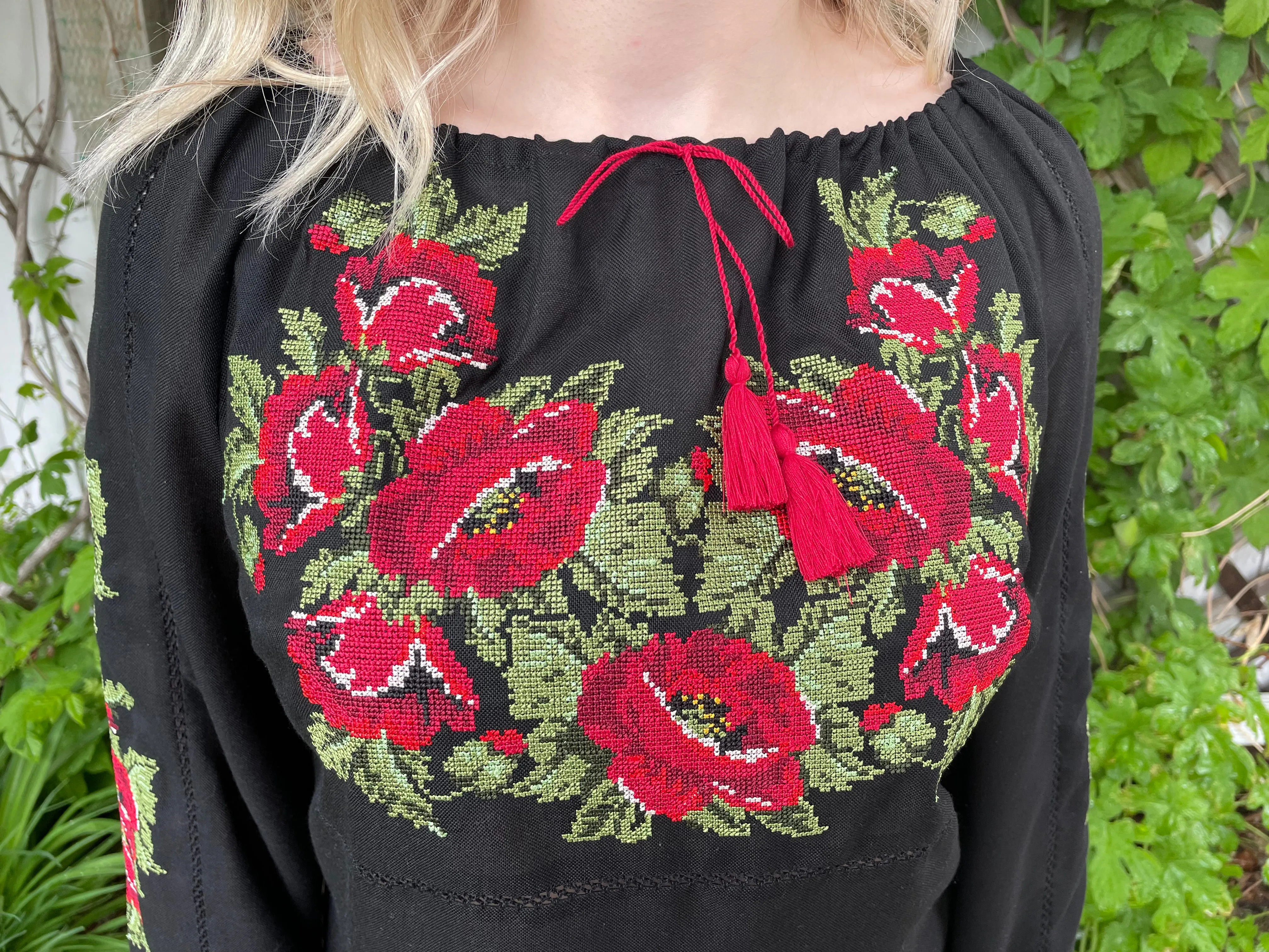 Black Embroidered Blouse Poppies