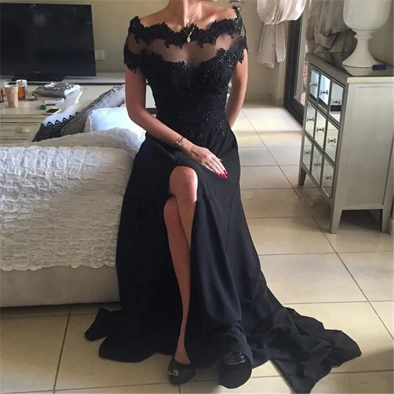 black long short sleeves chiffon side slit formal prom dress, PD1376