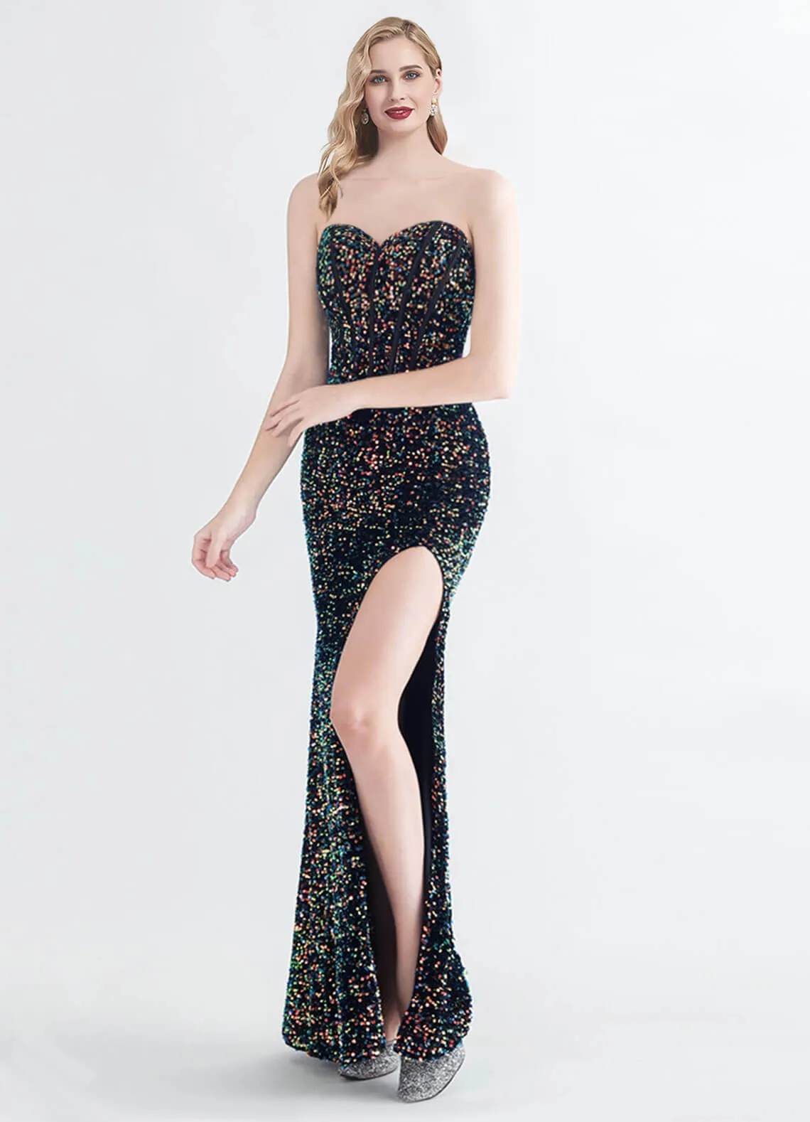 Black Multi Sweetheart Strapless Luxury Sequin Mermaid Formal Gown