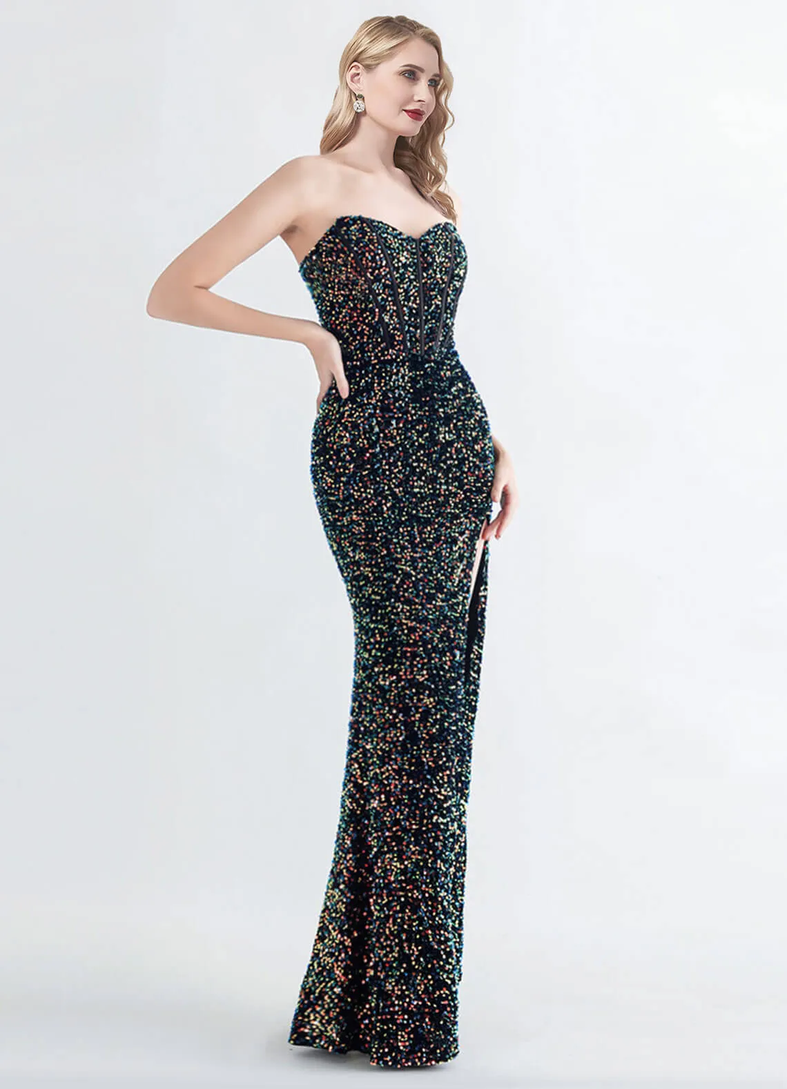 Black Multi Sweetheart Strapless Luxury Sequin Mermaid Formal Gown