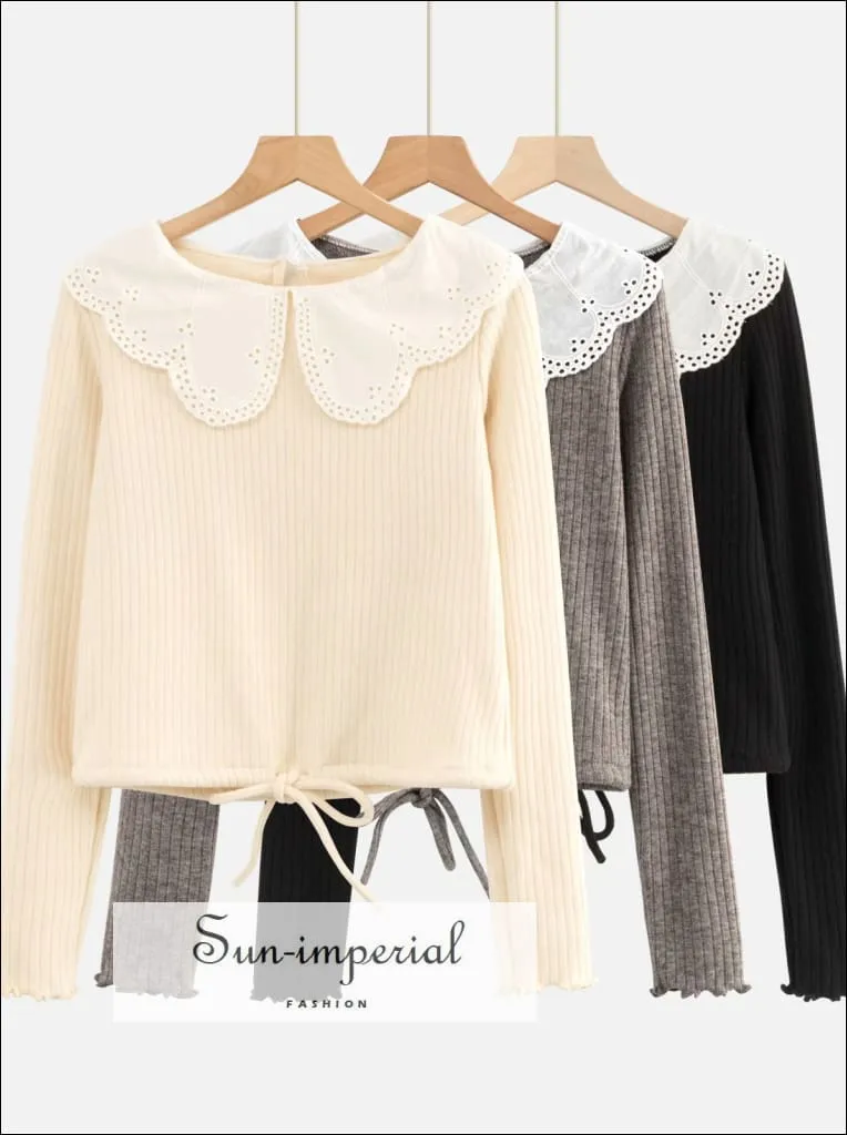 Black Ribbed Long Sleeve Women top Blouse with White Lace Peter Pan Collar