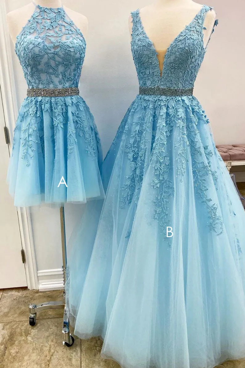 Blue tulle lace A_line prom dress blue lace tulle formal dress