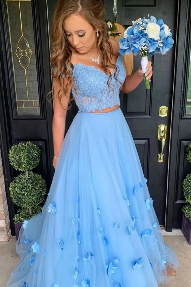 Blue tulle lace off shoulder long prom dress, tulle formal dress 002