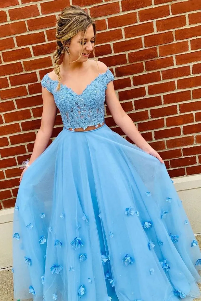 Blue tulle lace off shoulder long prom dress, tulle formal dress 002