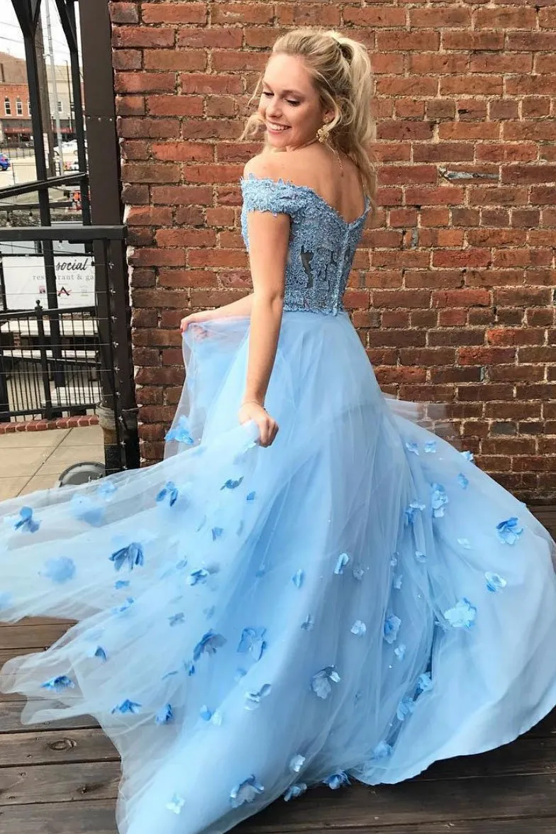 Blue tulle lace off shoulder long prom dress, tulle formal dress 002