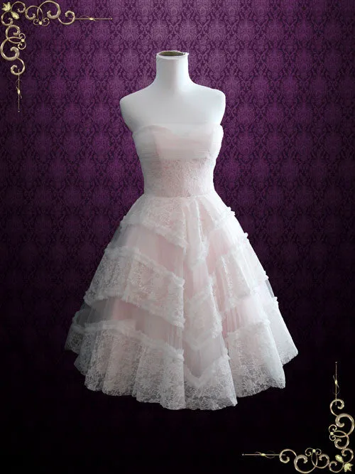 Blush Pink Retro Style Tea Length Strapless  Formal Dress | Fable