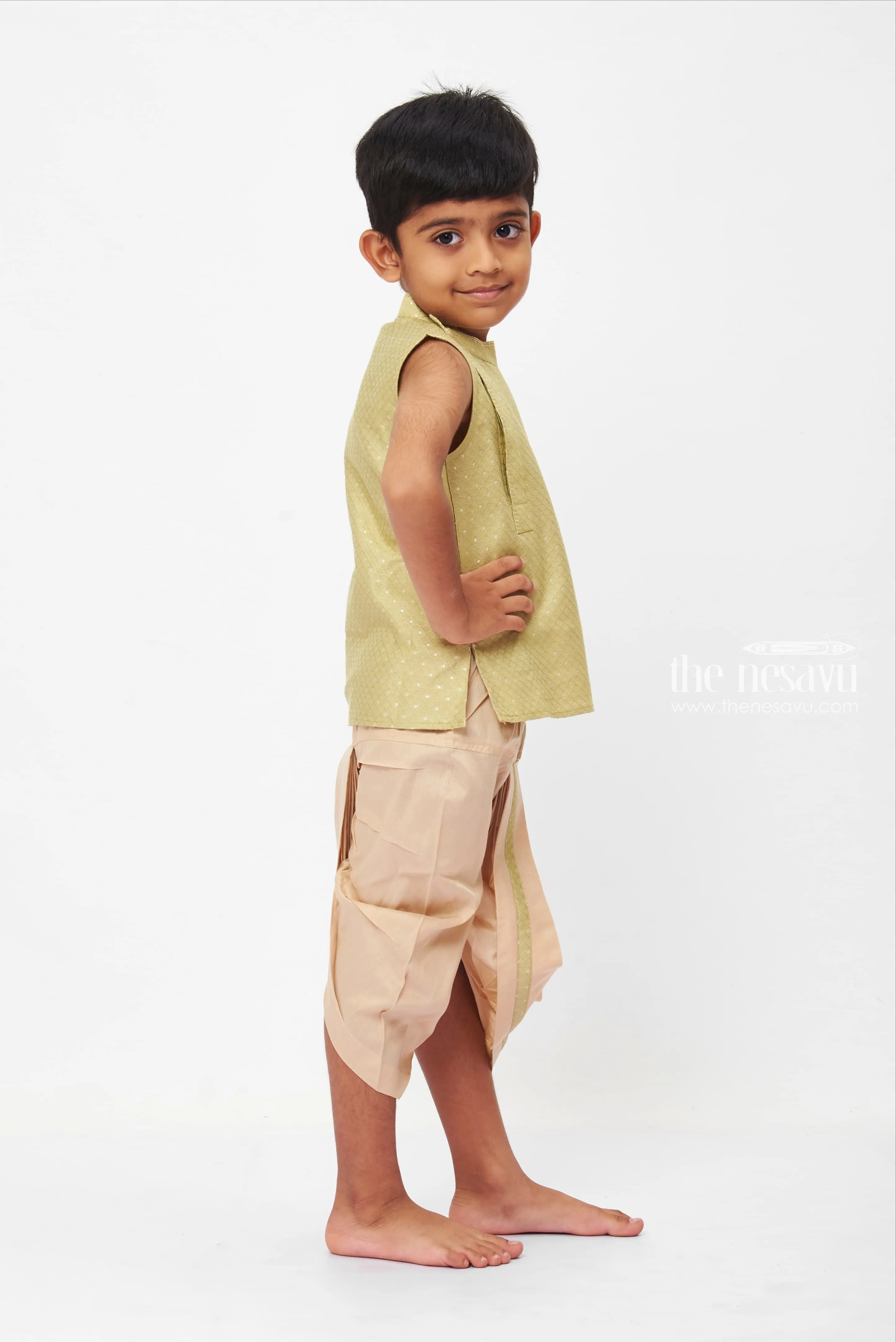 Boys Elegant Green Kurta with Beige Dhoti Set - Elegant Traditional Wear for Kids