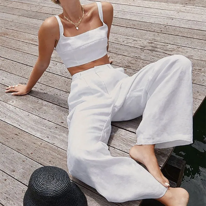 Breathable Matching Two Piece Linen Cami Crop Top With Palazzo Trousers Wide Leg Pants