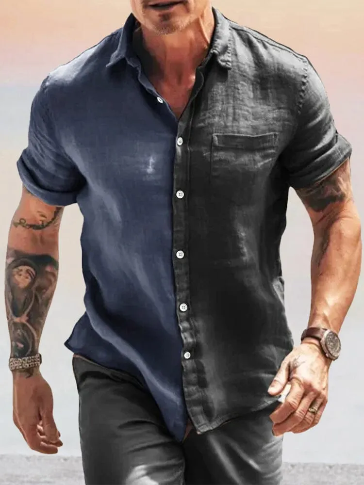 Breathable Splicing Cotton Linen Shirt with Pocket