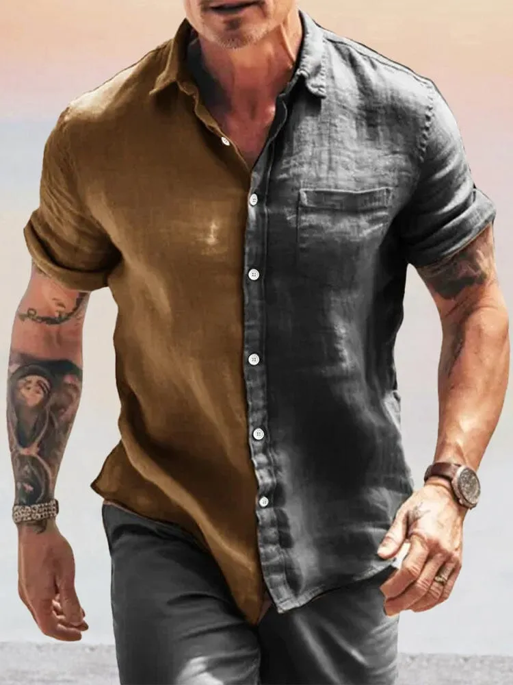 Breathable Splicing Cotton Linen Shirt with Pocket