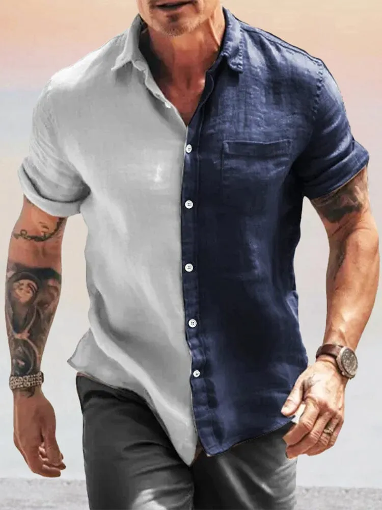 Breathable Splicing Cotton Linen Shirt with Pocket