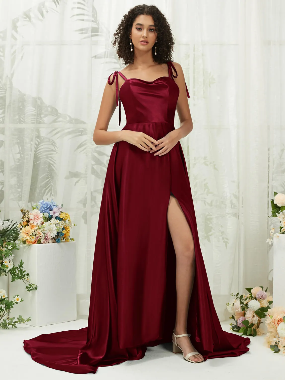 Burgundy Satin Sweetheart Adjustable Straps Formal Gown With Pocket