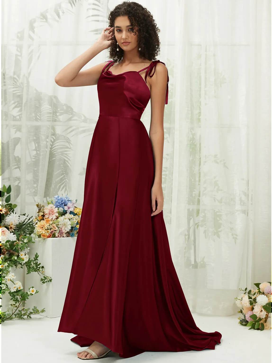 Burgundy Satin Sweetheart Adjustable Straps Formal Gown With Pocket