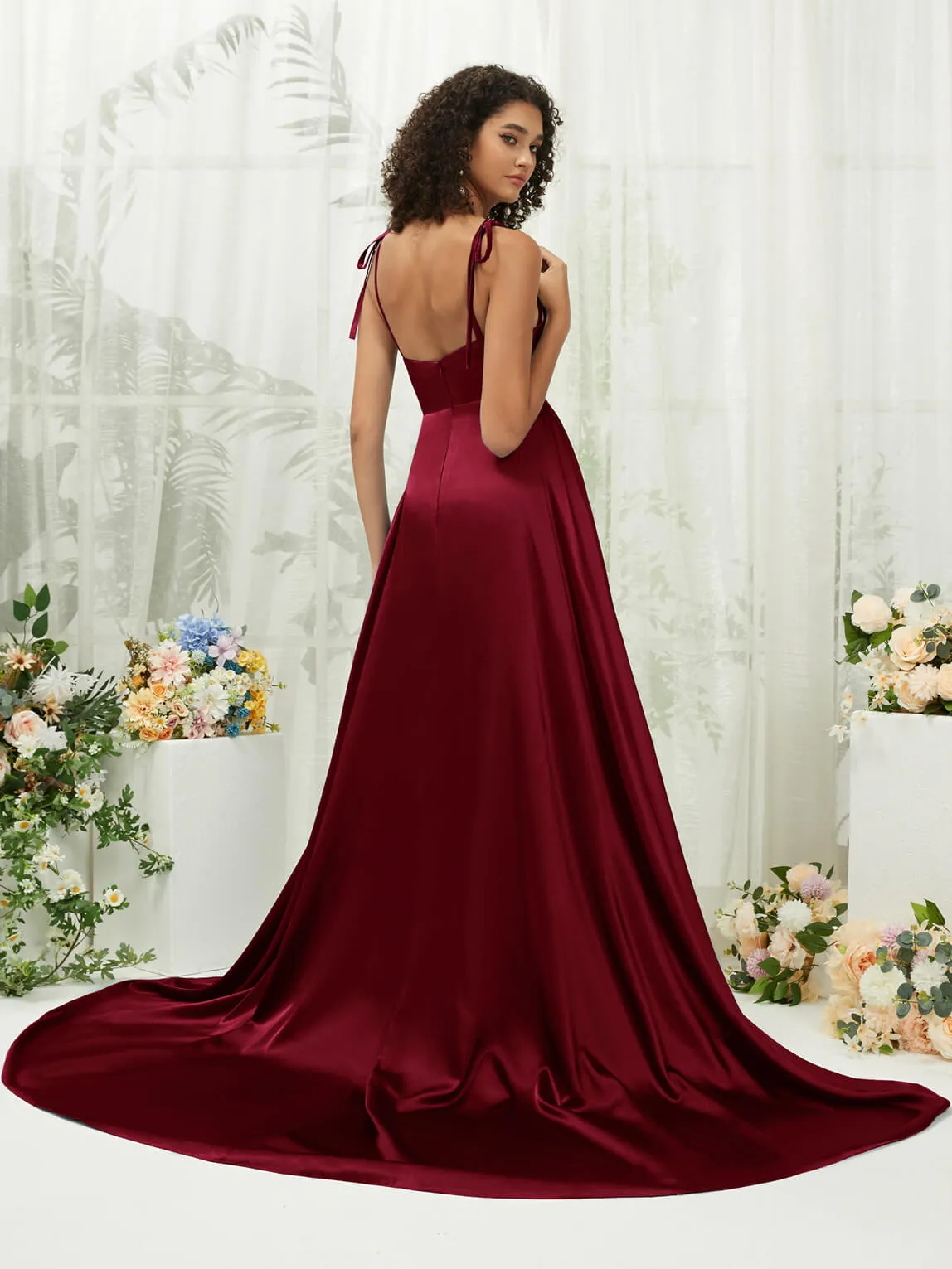 Burgundy Satin Sweetheart Adjustable Straps Formal Gown With Pocket