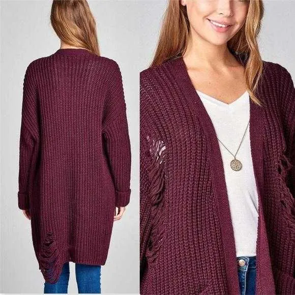 Casual Distressed Sweater Burgundy