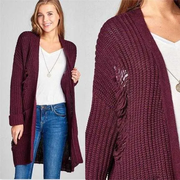 Casual Distressed Sweater Burgundy