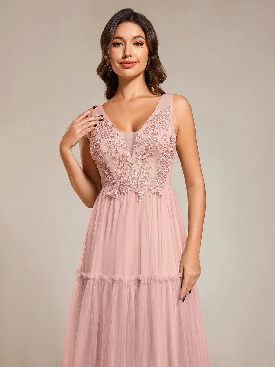 Chic See-Through Sleeveless Tulle Formal Evening Dress with Applique