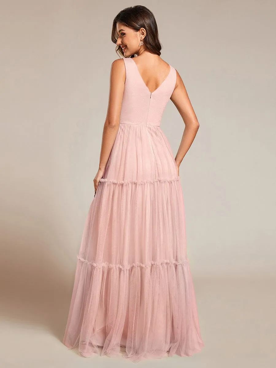 Chic See-Through Sleeveless Tulle Formal Evening Dress with Applique