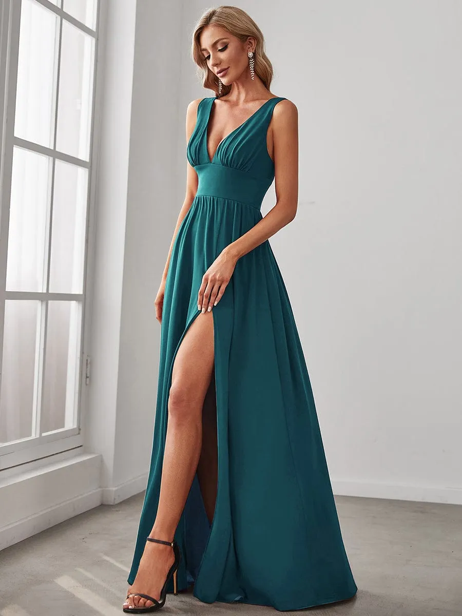 Chiffon High Slit Sleeveless V-Neck Empire Waist Formal Evening Dress