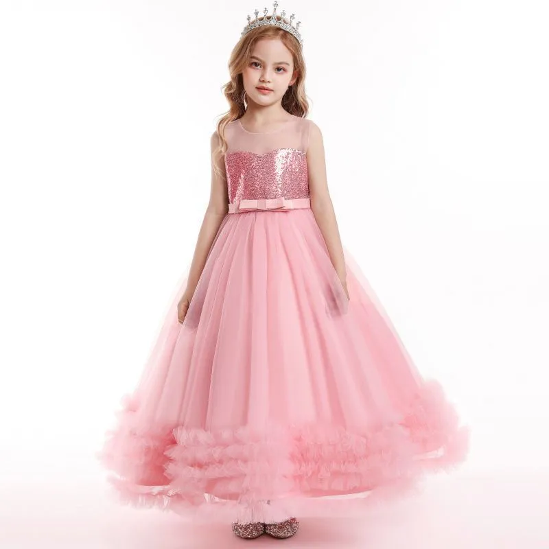 Children Pink Mesh Sequin Girls Cascade Ruffle Formal Prom Princess Ball Dresses