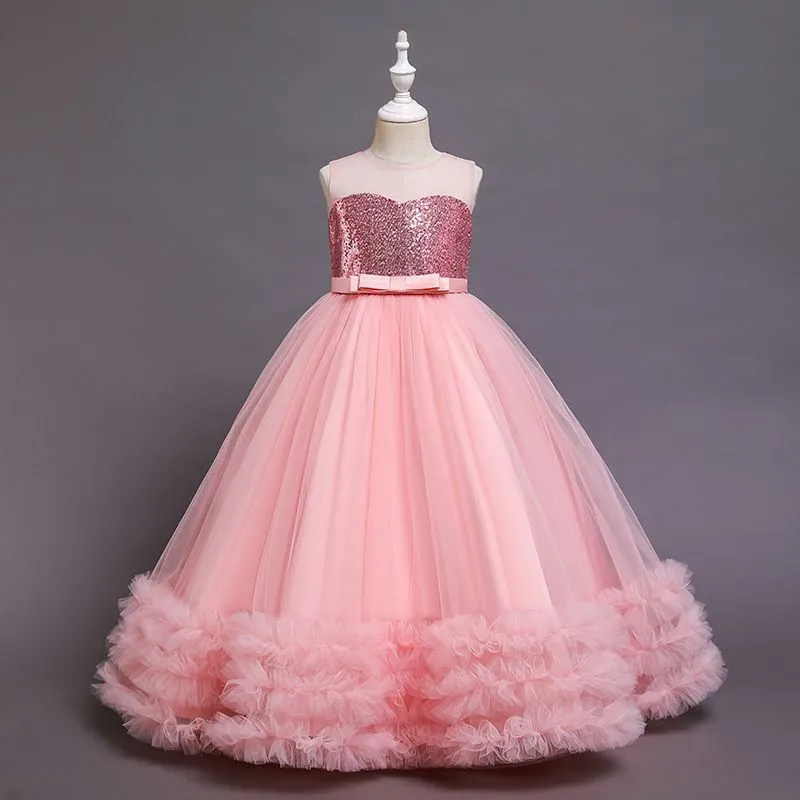 Children Pink Mesh Sequin Girls Cascade Ruffle Formal Prom Princess Ball Dresses