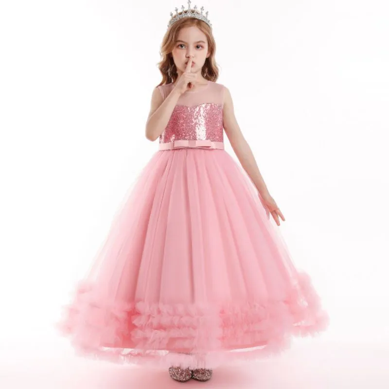 Children Pink Mesh Sequin Girls Cascade Ruffle Formal Prom Princess Ball Dresses